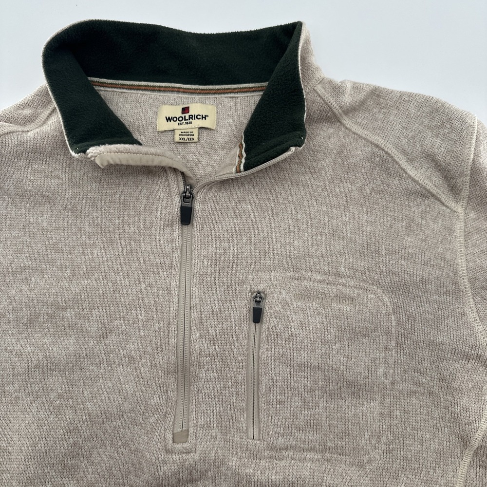 Woolrich Mens XX Large Beige Heathered 1/4 Zip Pocket Fleece Pullover Sweater